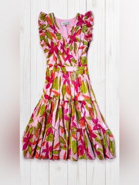 NWT Taylor Printed Lawn Mini Dress Pink Green Floral Tiered Flutter Sleeve Med